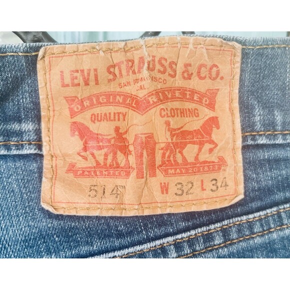 Levis 514 Mens 32x34 Medium Wash Distressed Straight Leg Denim Blue Jeans - Picture 12 of 13